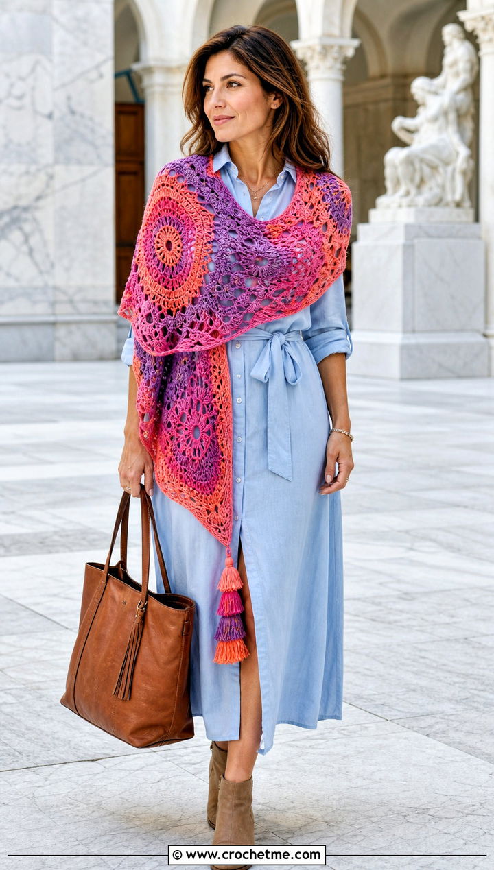 Tassel Mandala Yarn Crochet Shawl With Shirt Dress - 20 Mandala Yarn Crochet Shawl outfit ideas