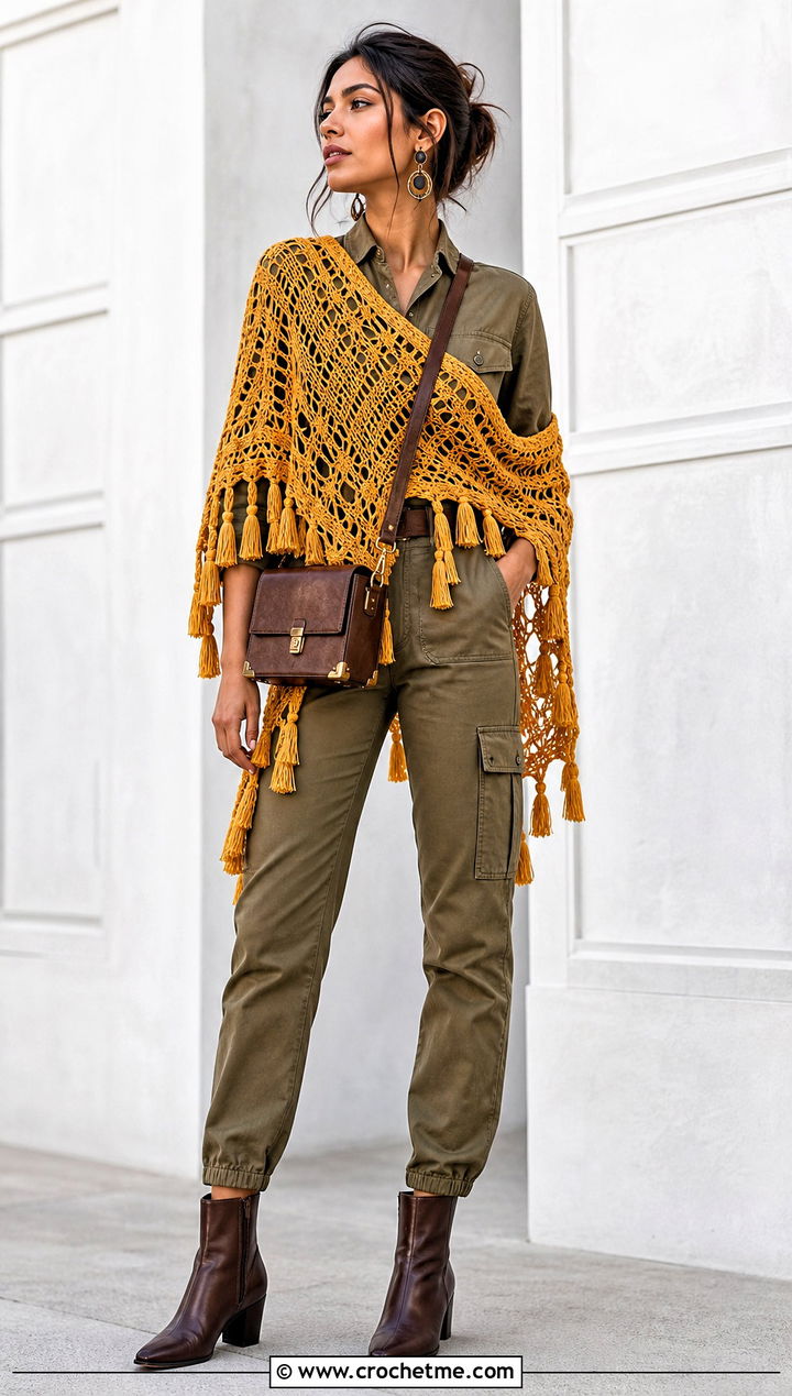Tassel Mesh Crochet Poncho With Utility Jumpsuit - 25 Mesh Crochet Poncho outfit ideas