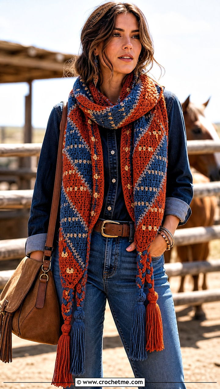 Tassel Mosaic Crochet Scarf With Western Denim Outfit - 25 Mosaic Crochet Scarf outfit ideas