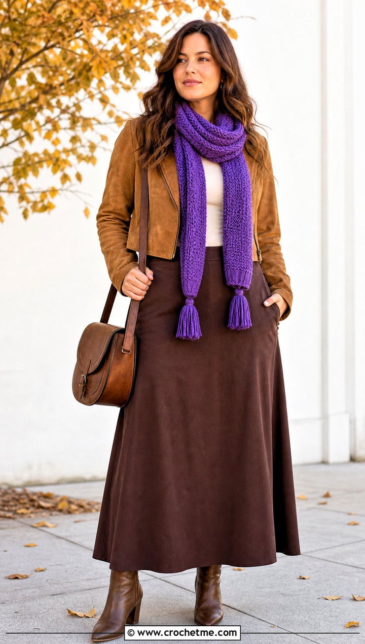 Tassel Moss Stitch Scarf With Suede Jacket And Maxi Skirt - 35 crochet moss stitch scarf outfit ideas