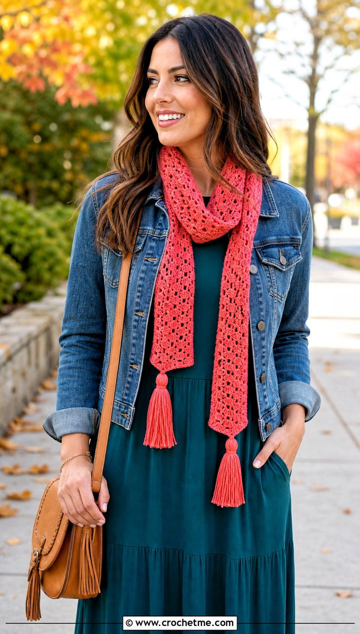 Tassel Narrow Crochet Scarf With Maxi Dress And Boots - 25 Narrow Crochet Scarf outfit ideas