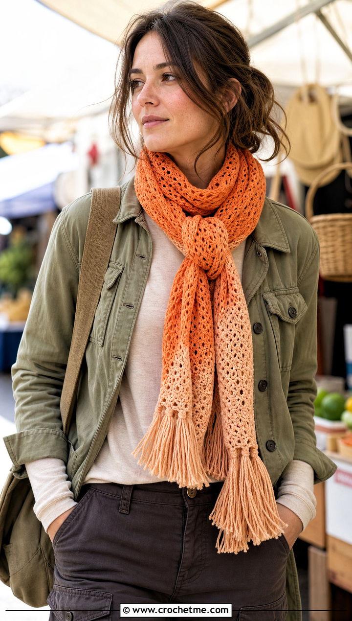 Tassel Ombre Crochet Scarf With Utility Jacket - 25 Ombre Crochet Scarf outfit ideas