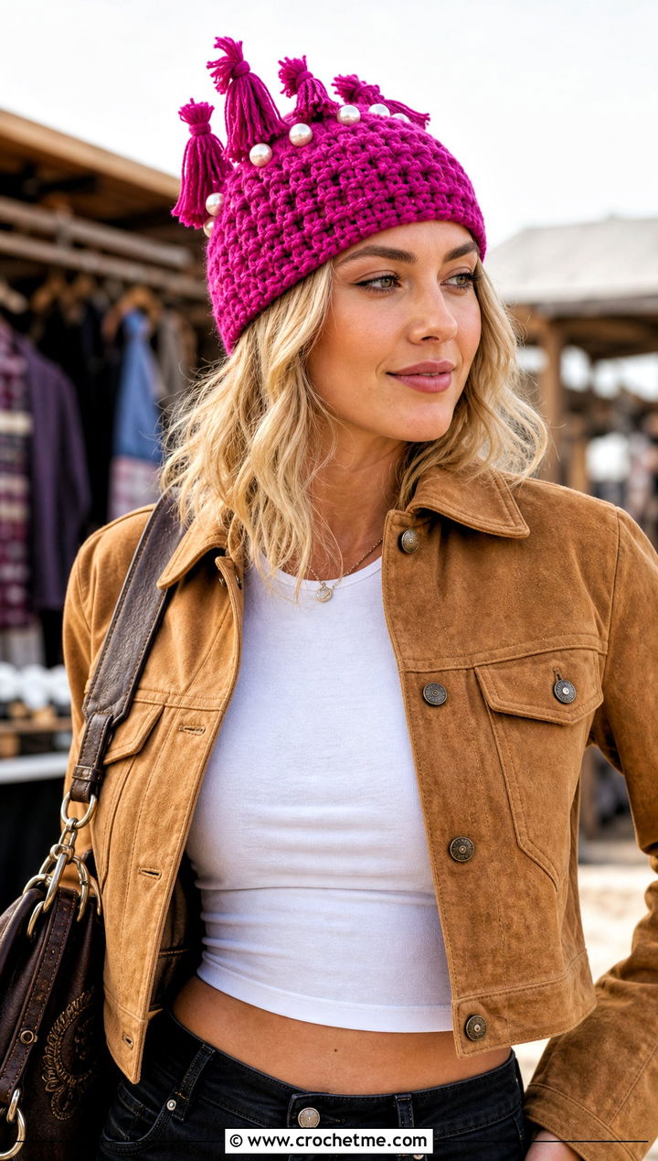 Tassel Pearl Crochet Beanie With Suede Jacket - 15 Pearl Crochet Beanie outfit ideas