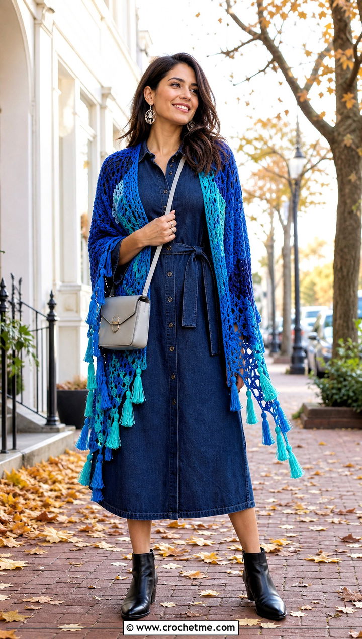 Tassel Pineapple Crochet Shawl With Denim Dress - 25 pineapple crochet shawl outfit ideas