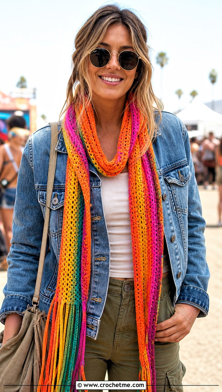 Tassel Rainbow Scarf With Denim Jacket And Cargo Pants - 15 Crochet Rainbow Scarf outfit ideas