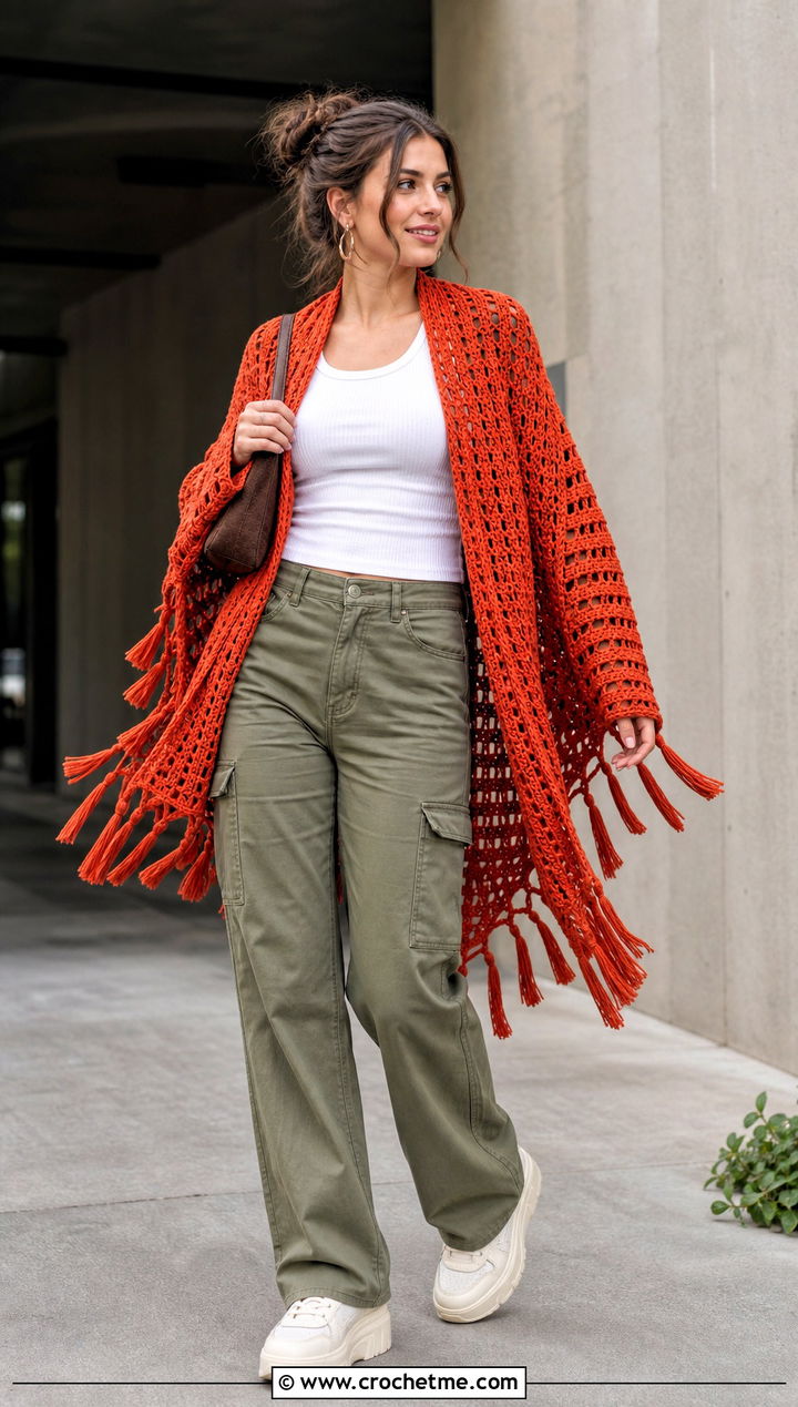 Tassel Rectangle Shawl With Cargo Pants - 25 Easy Crochet Rectangle Shawl outfit ideas