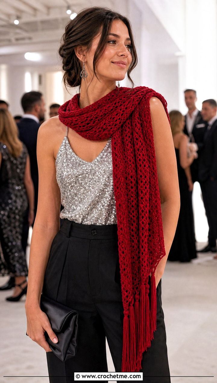 Tassel Red Crochet Scarf With Sequin Top And Black Trousers - 25 taylor swift red crochet scarf outfit ideas
