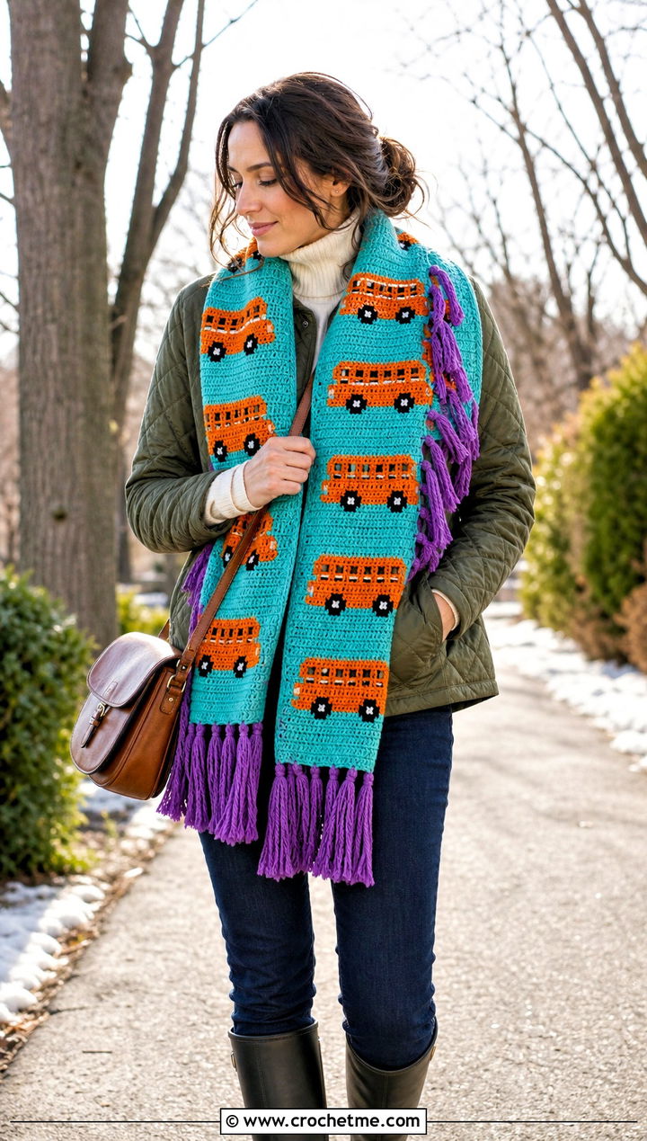 Tassel School Bus Scarf With Quilted Jacket - 25 Crochet School Bus Scarf outfit ideas