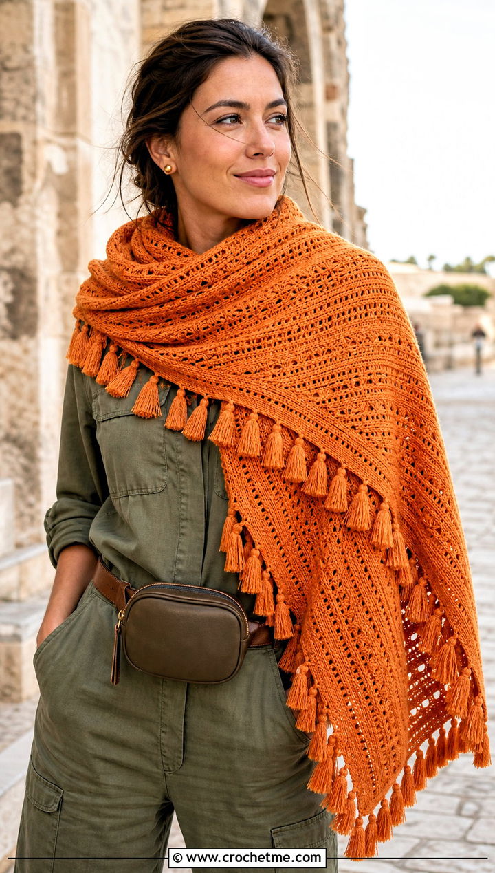 Tassel Shawl With Utility Jumpsuit - 25 Crochet Shawl In A Cake outfit ideas