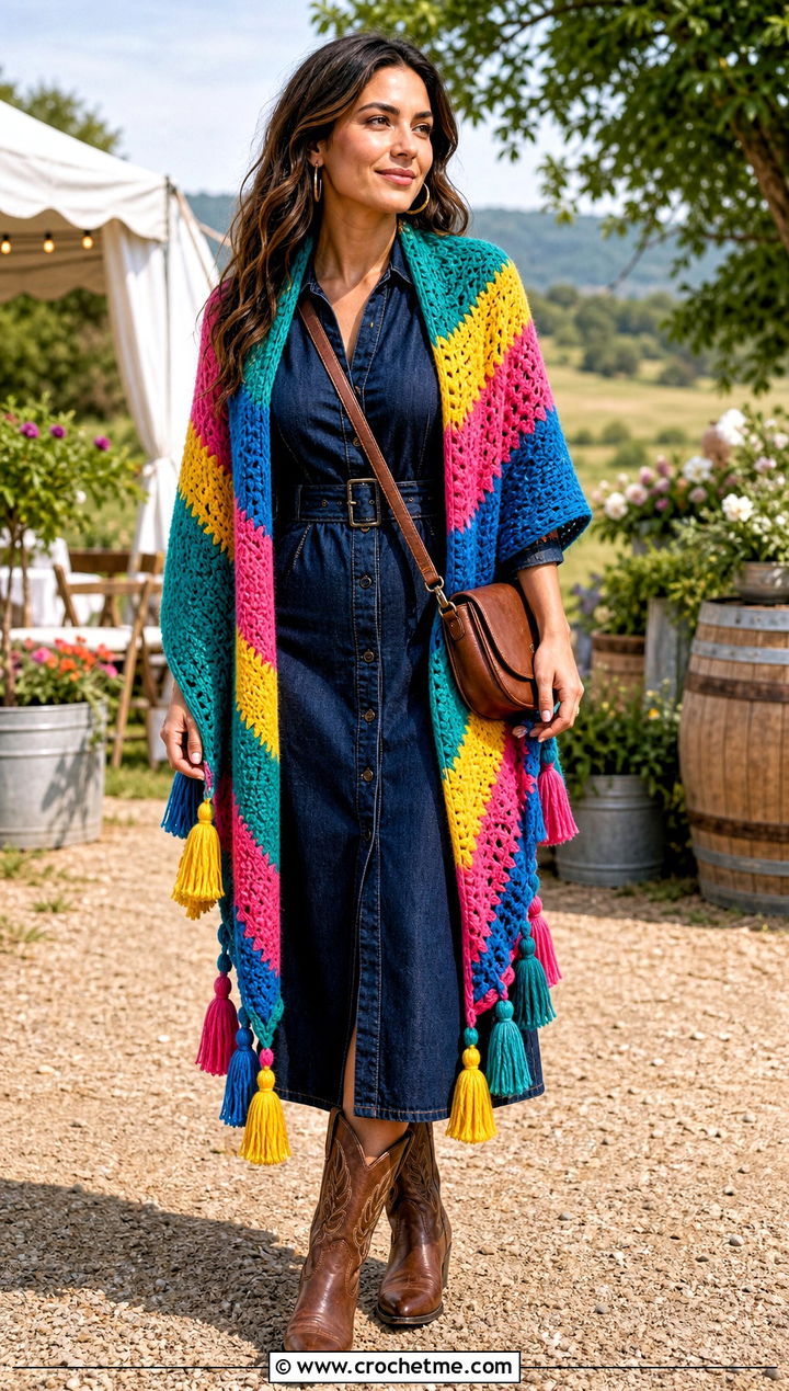 Tassel Shawl Wrap With Denim Dress And Western Boots - 15 Colorful Striped Crochet Wrap outfit ideas