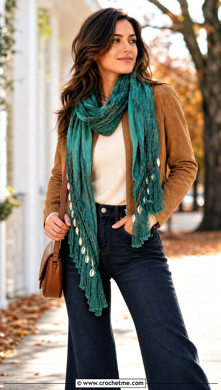 Tassel Shell Scarf With Suede Jacket And Flared Jeans - 25 crochet shell scarf outfit ideas