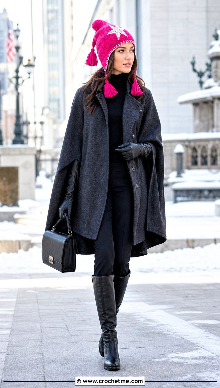 Tassel Star Beanie With Cape Coat - 35 crochet star beanie outfit ideas