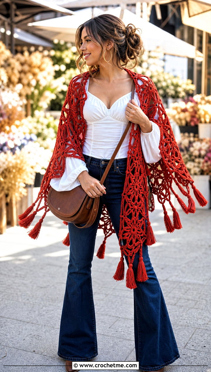 Tassel Star Crochet Shawl With Flared Jeans - 30 star crochet shawl outfit ideas