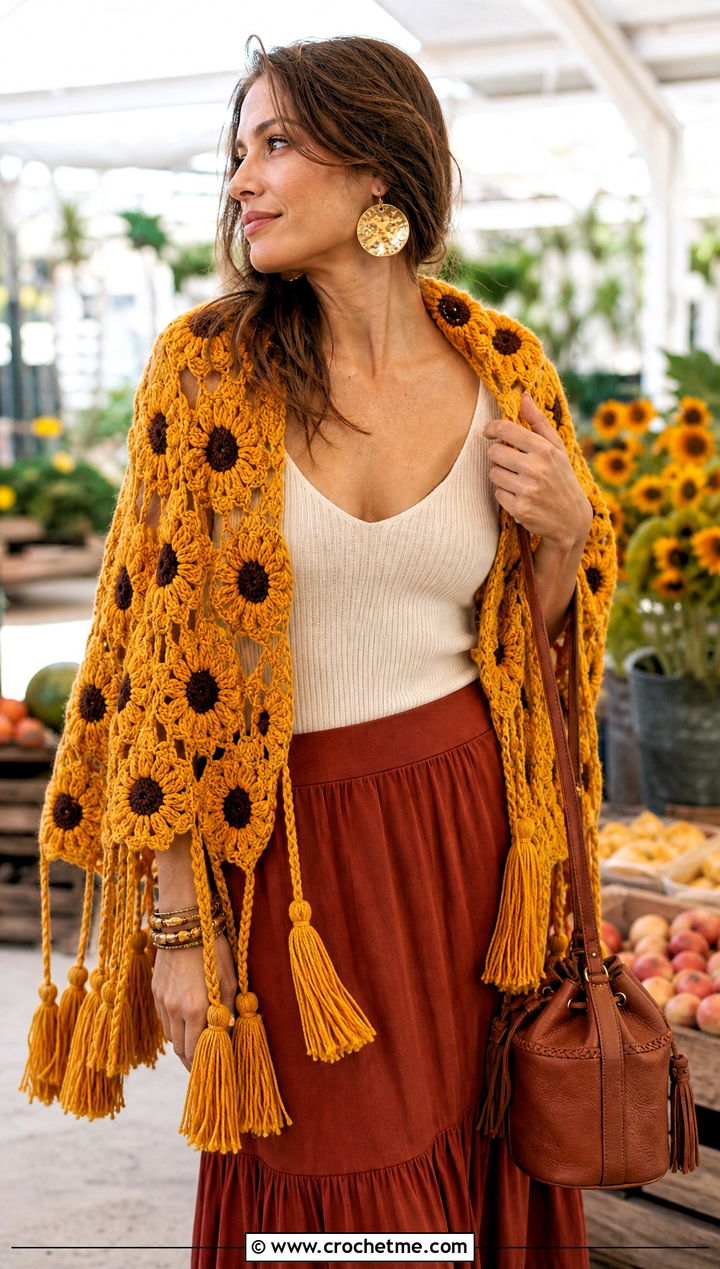 Tassel Sunflower Crochet Shawl With Maxi Skirt - 20 Sunflower Crochet Shawl outfit ideas