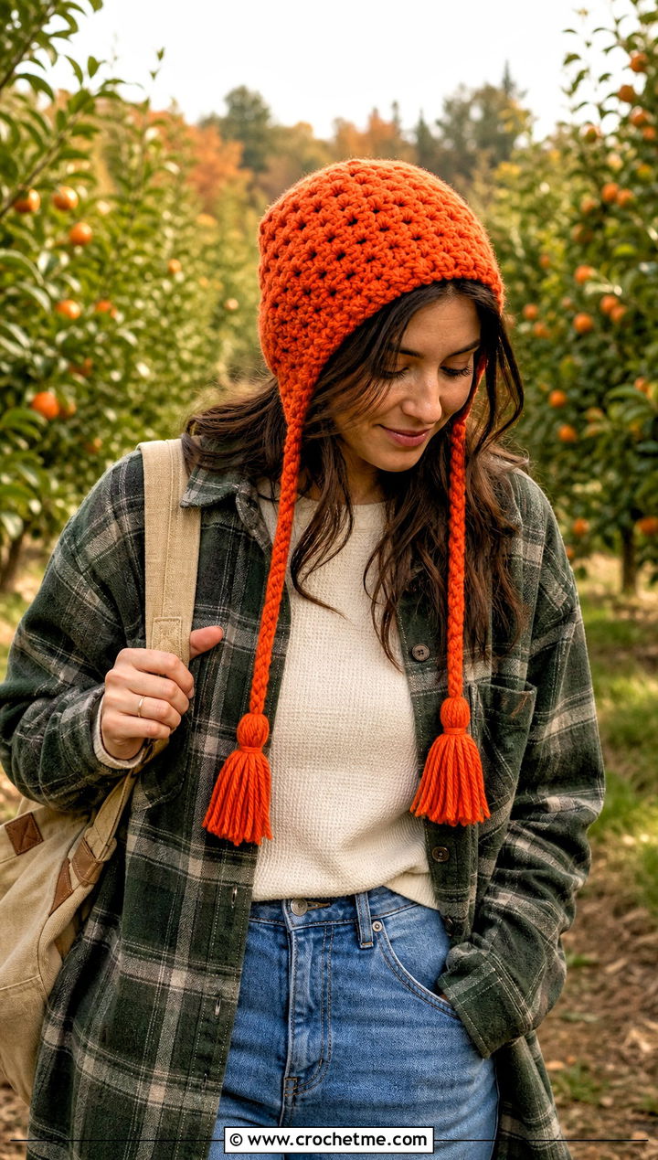 Tassel Tie Crochet Bonnet With Shacket - 25 Easy Crochet Bonnet outfit ideas