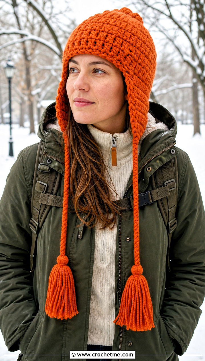 Tassel Tie Crochet Ear Flap Hat With Parka - 30 crochet adult ear flap hat outfit ideas