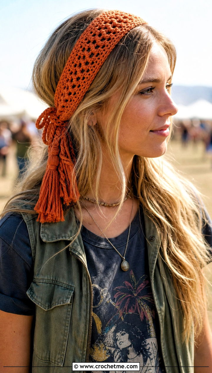 Tassel Tie Crochet Headband With Graphic Tee - 30 boho crochet headband outfit ideas