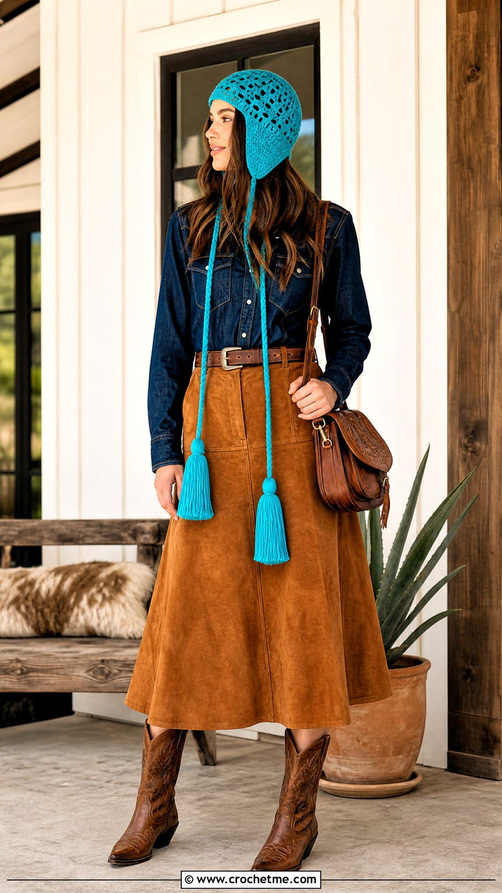 Tassel Tie Crochet Trapper Hat With Western Denim Outfit - 35 Crochet Trapper Hat outfit ideas