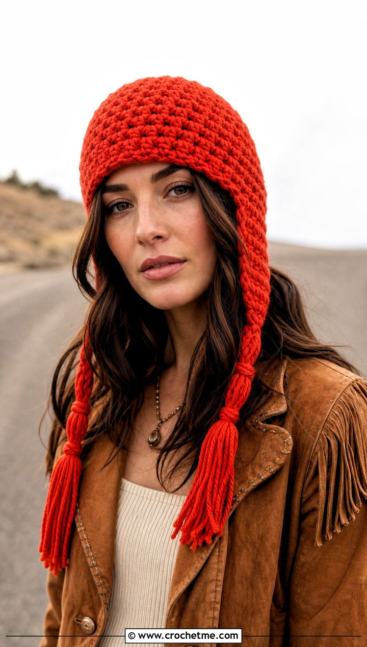 Tassel Tie Ear Flap Beanie With Western Jacket - 30 crochet ear flap beanie outfit ideas