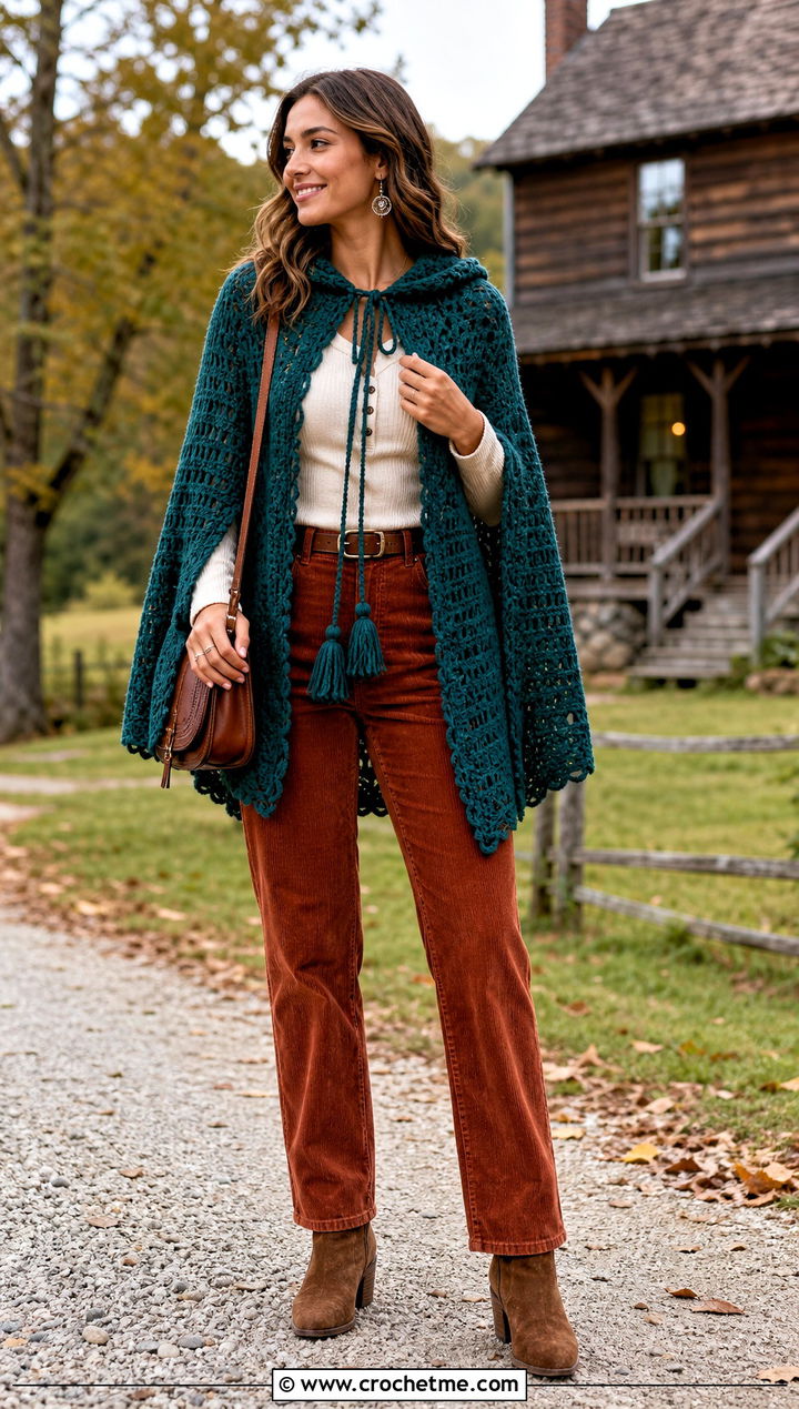Tassel Tie Hooded Crochet Cape With Corduroy Pants - 25 Hooded Crochet Cape outfit ideas