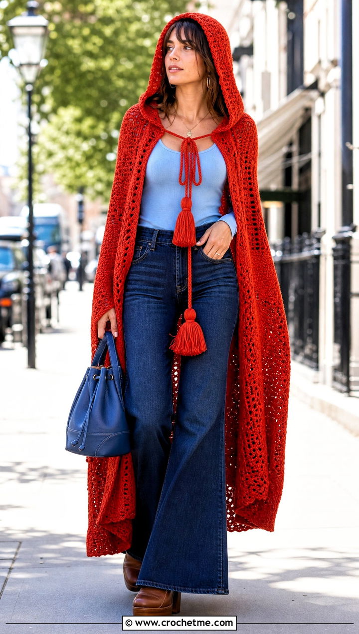 Tassel Tie Long Hooded Crochet Cape With Flared Jeans - 25 Long Hooded Crochet Cape outfit ideas