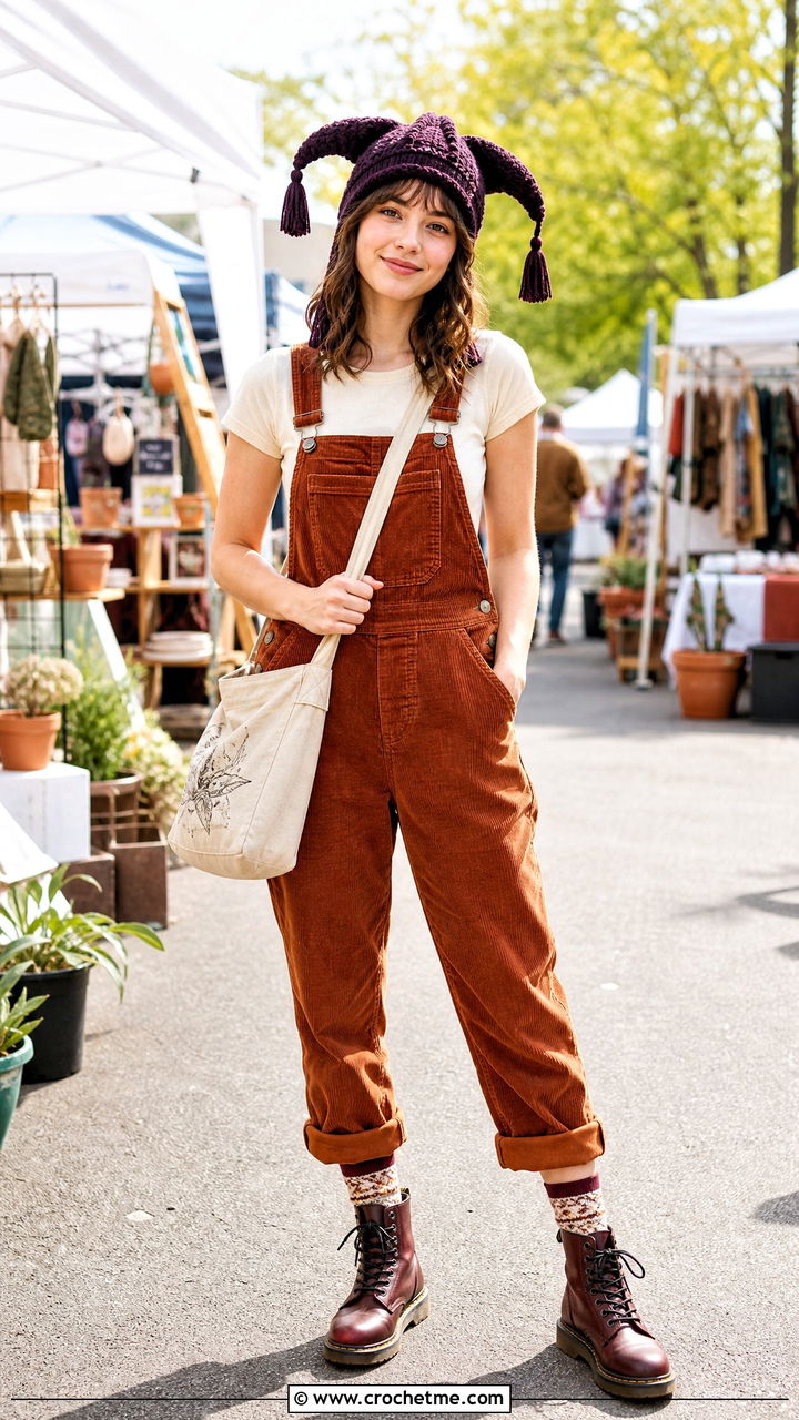 Tassel Tip Crochet Jester Hat With Corduroy Overalls - 35 crochet jester hat outfit ideas