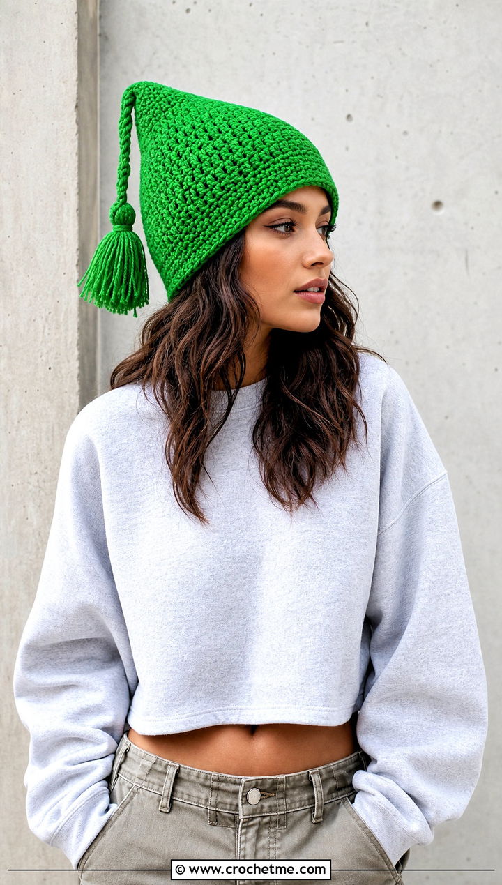 Tassel Tip Crochet Pointed Hat With Cargo Pants - 25 Crochet Pointed Hat outfit ideas