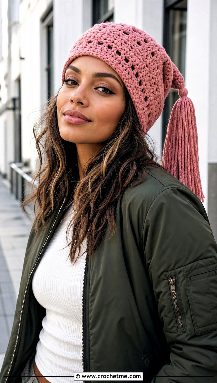 Tassel Tip Crochet Stocking Cap With Bomber Jacket - 30 crochet stocking cap outfit ideas