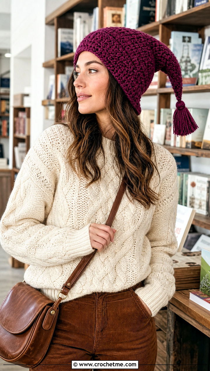 Tassel Tip Pointed Crochet Hat With Cable Sweater and Corduroy Pants - 20 Pointed Crochet Hat outfit ideas