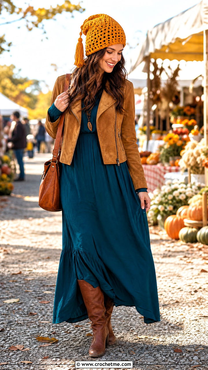Tassel Top Crochet Beanie With Maxi Dress - 35 crochet beanies outfit ideas
