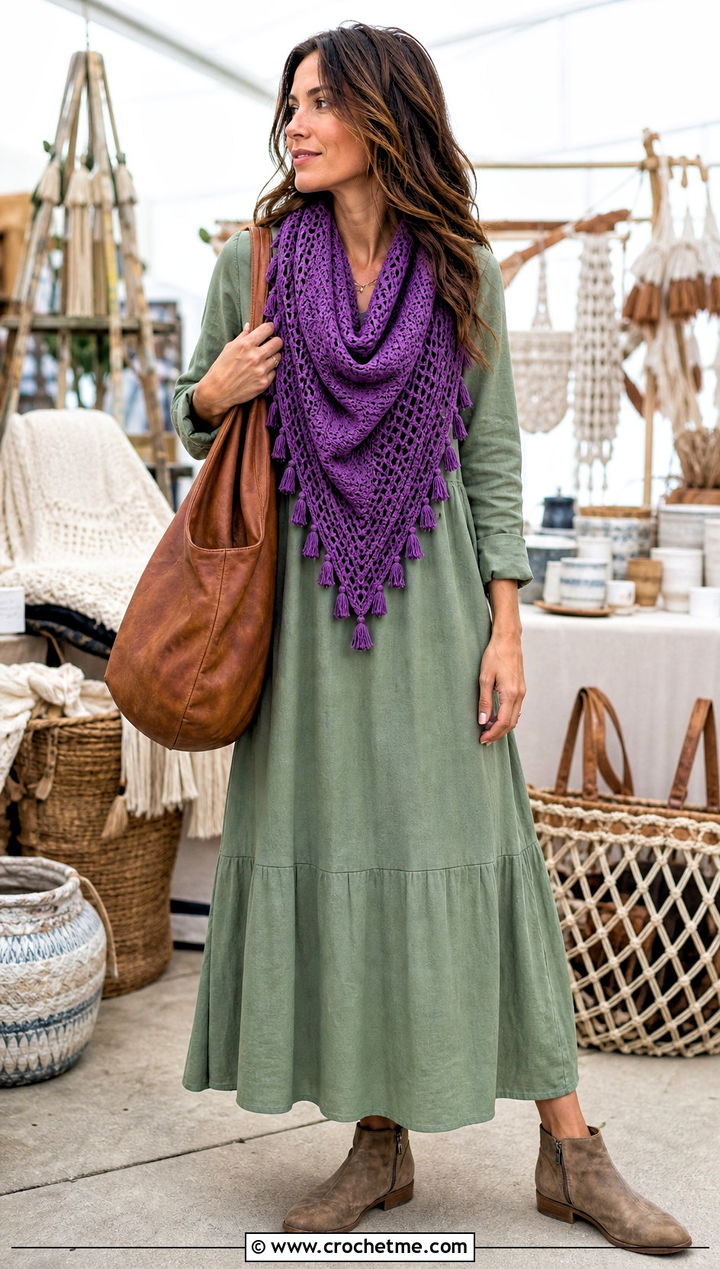Tassel Triangle Cowl With Maxi Dress - 30 crochet triangle cowl outfit ideas