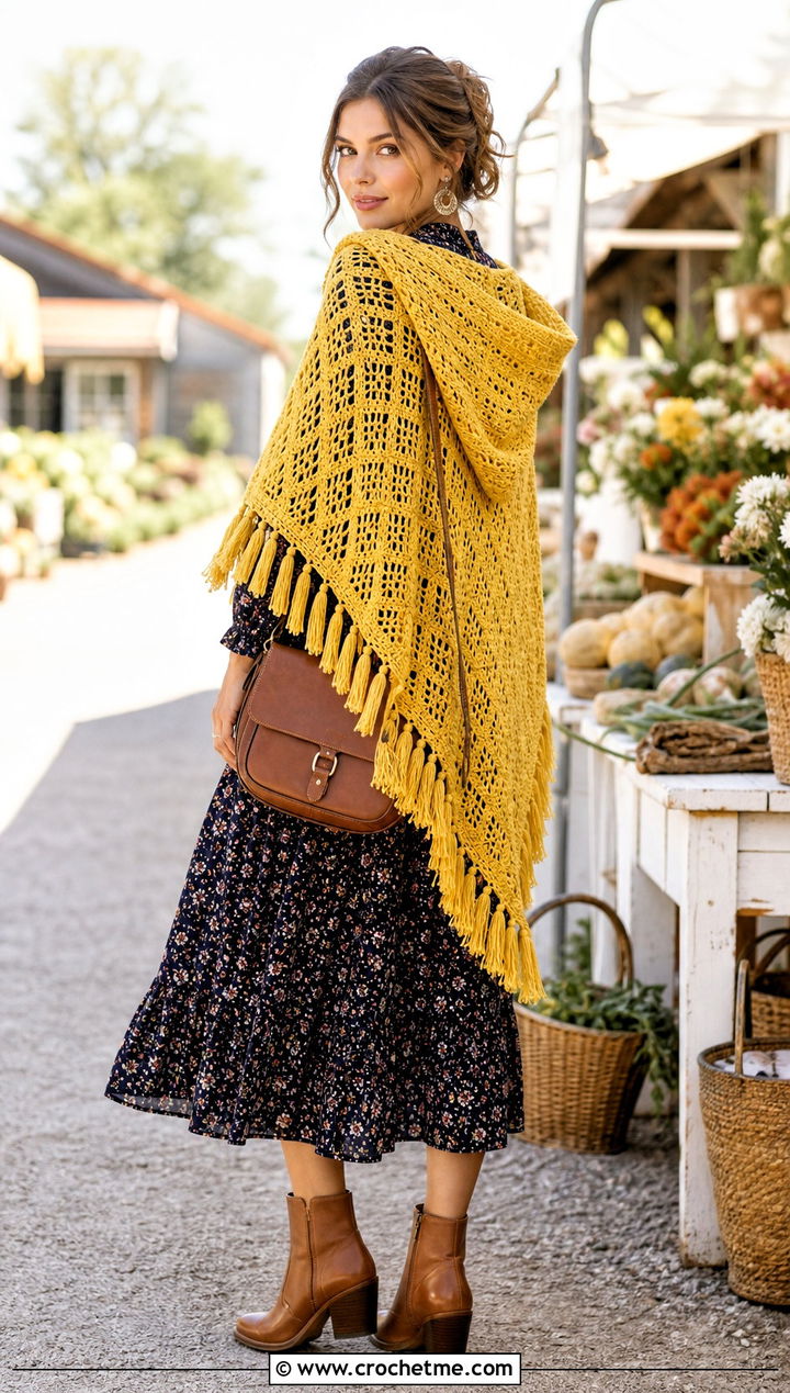Tassel Triangle Crochet Hooded Shawl With Prairie Dress - 35 crochet hooded shawl outfit ideas