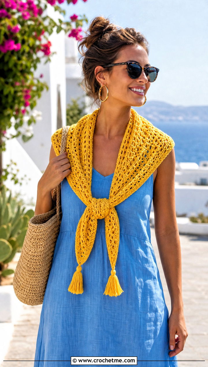 Tassel Triangle Crochet Scarf With Linen Dress - 15 Boho Triangle Crochet Scarf outfit ideas
