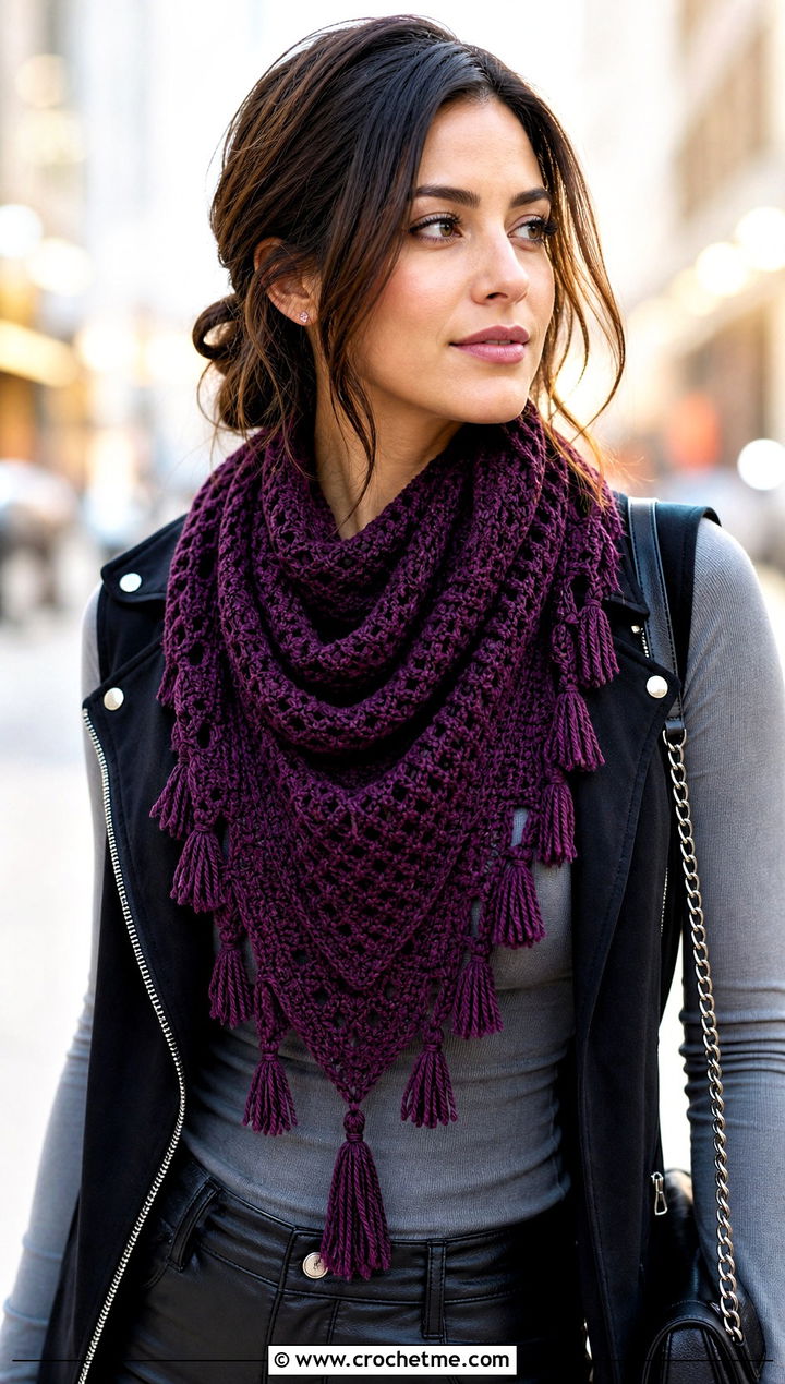 Tassel Triangle Crochet Scarf With Moto Vest - 25 Multifunctional Crochet Scarf outfit ideas