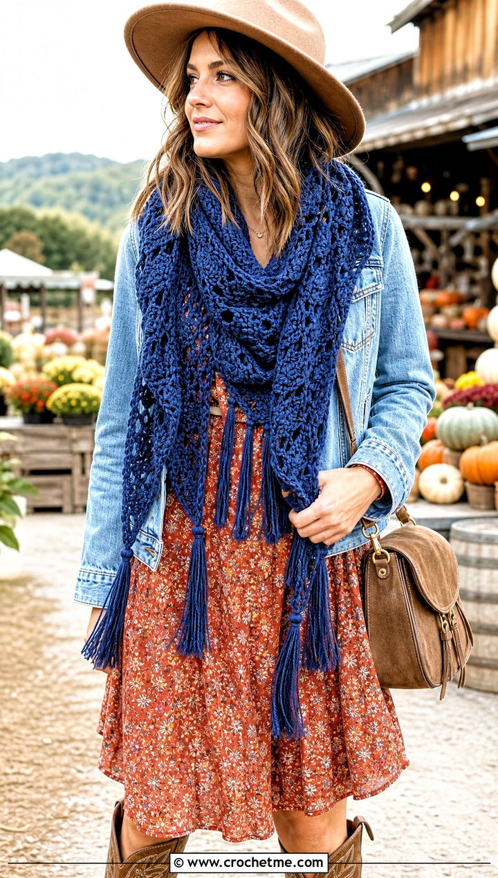 Tassel Triangle Crochet Scarf With Prairie Dress - 25 boho crochet scarf outfit ideas