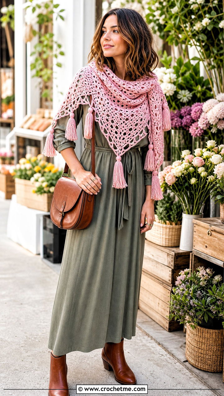 Tassel Triangle Crochet Shawl With Boho Maxi Dress - 25 triangle crochet shawls outfit ideas