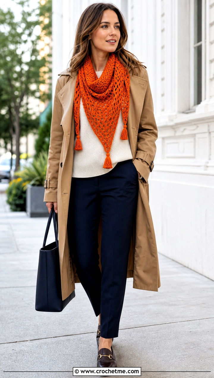 Tassel Triangle Crochet Shawl With Trench Coat And Trousers - 35 triangle crochet shawl outfit ideas