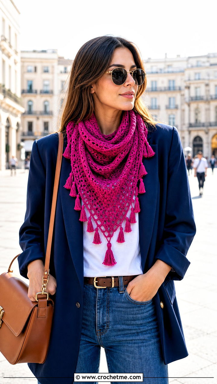 Tassel Triangle Scarf With Blazer And Jeans - 25 Crocheted Triangle Scarf outfit ideas