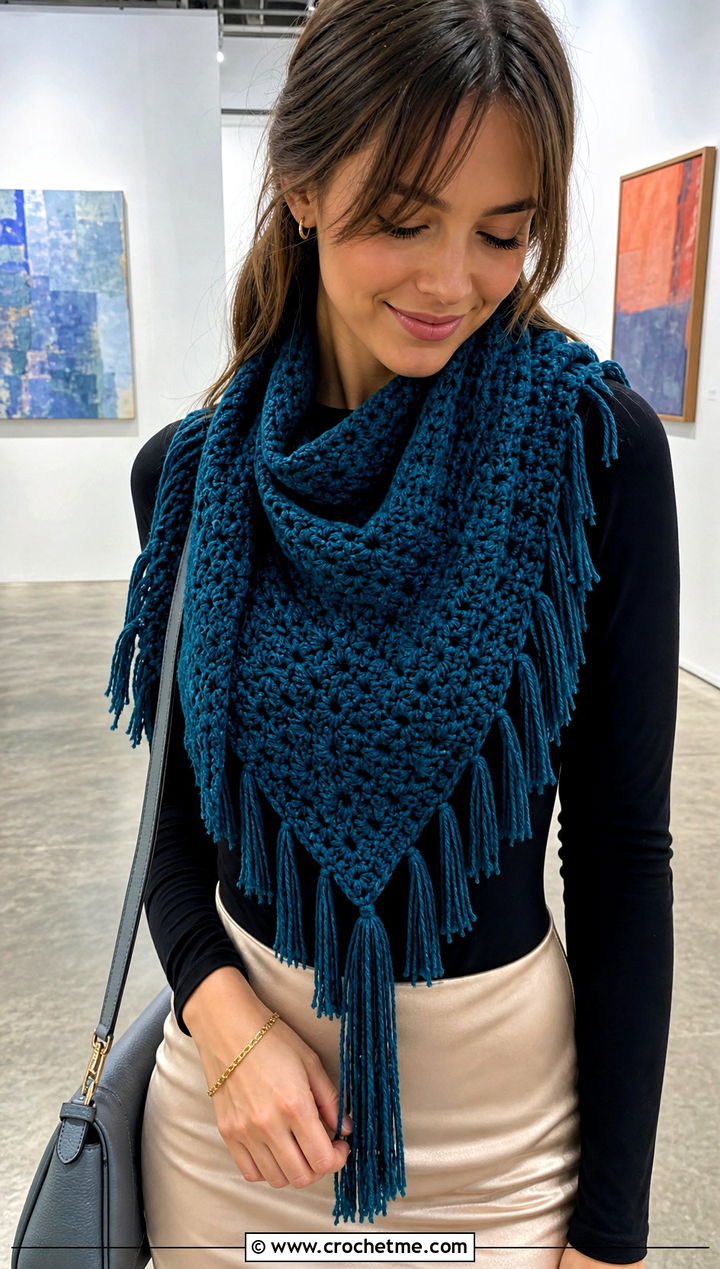 Tassel Triangle Scarf With Slip Skirt - 15 wool ease crochet scarf outfit ideas