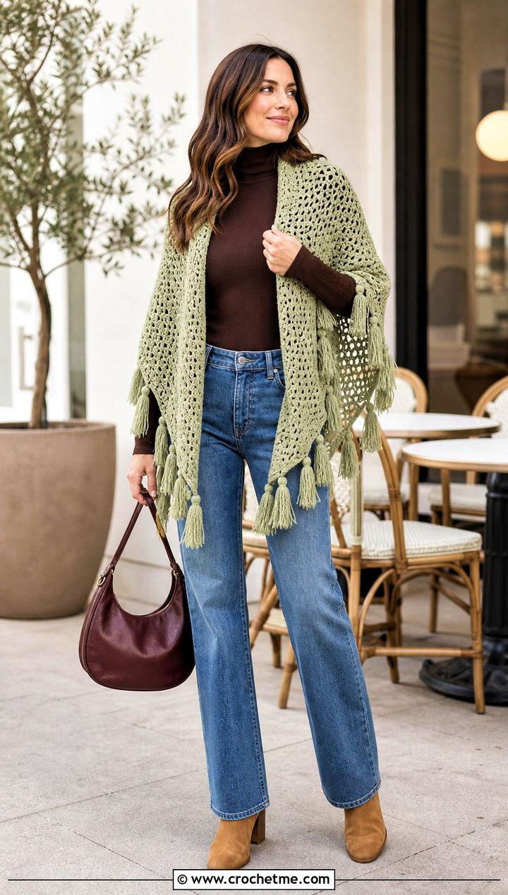 Tassel Triangle Shawl With Turtleneck And Straight Jeans - 35 Easy Simple Crochet Triangle Shawl outfit ideas