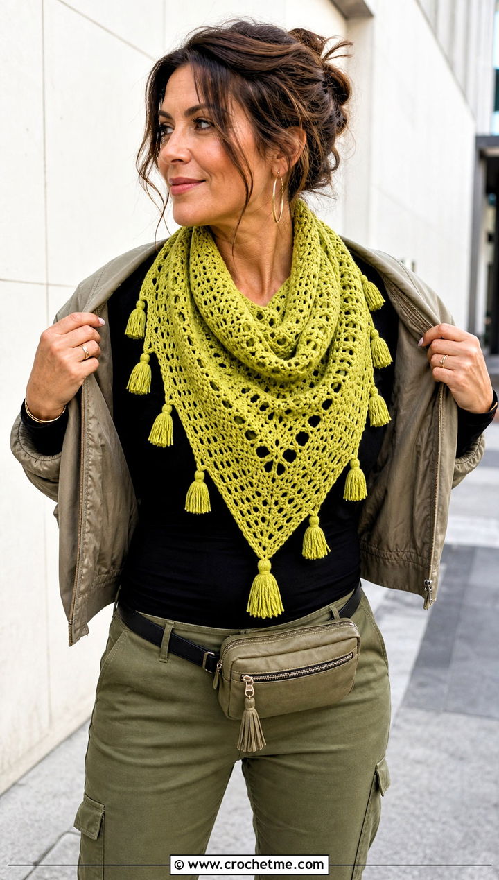 Tassel Triangular Crochet Shawl With Cargo Pants - 25 triangular crochet shawl outfit ideas