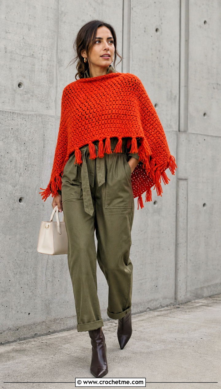 Tassel Trim Chunky Crochet Poncho With Utility Jumpsuit - 25 Chunky Crochet Poncho outfit ideas
