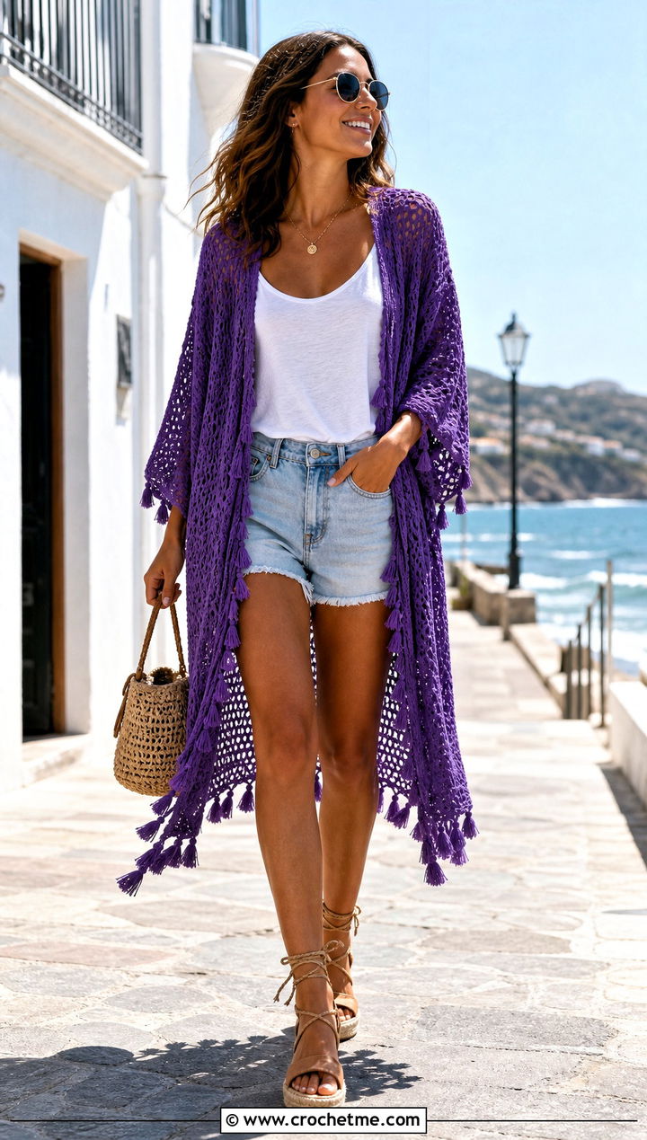 Tassel Trim Crochet Kimono With Denim Shorts And Espadrilles - 30 Boho Crochet Kimono outfit ideas