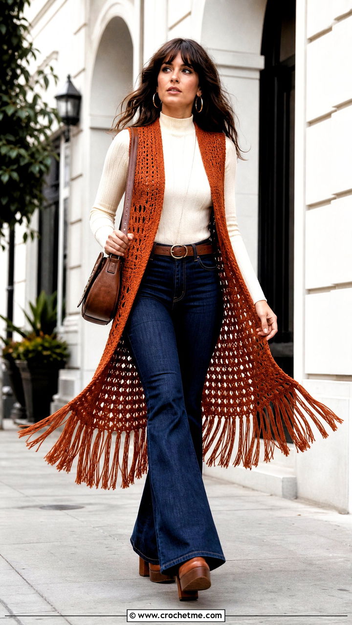Tassel Trim Crochet Long Vest With Flared Jeans - 35 Crochet Long Vest outfit ideas