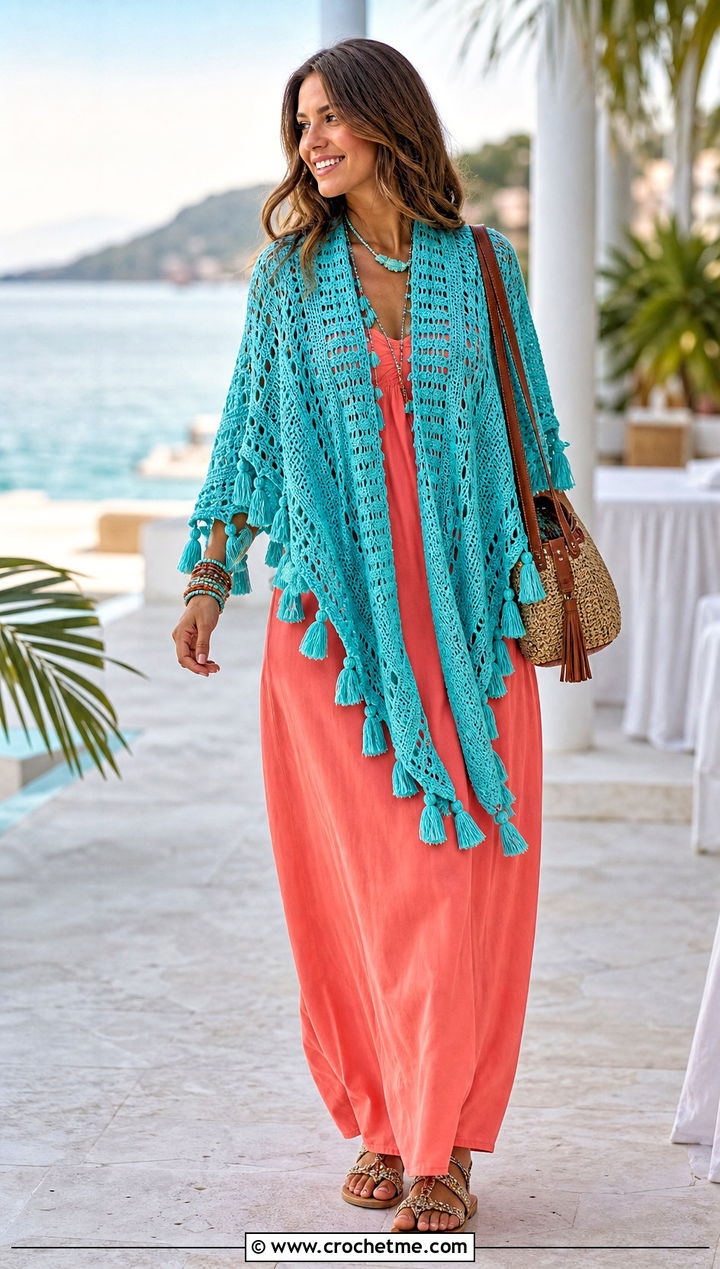 Tassel Trim Crochet Poncho With A Maxi Dress - 25 Simple Crochet Poncho outfit ideas