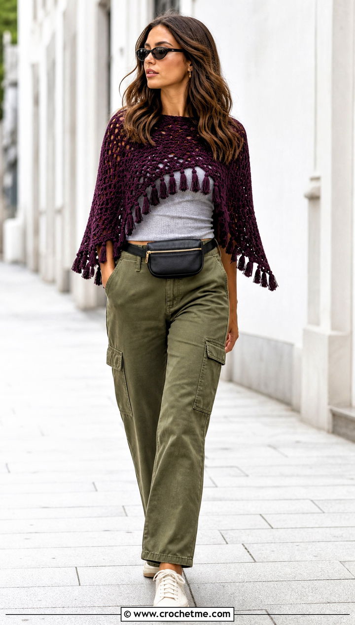Tassel Trim Crochet Poncho With Cargo Pants - 20 crochet lightweight poncho outfit ideas