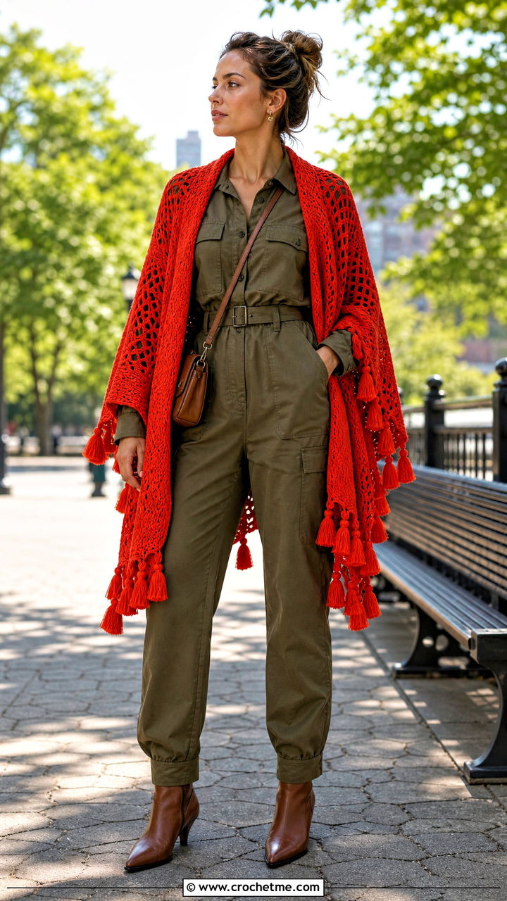 Tassel Trim Crochet Poncho With Utility Jumpsuit - 35 easy crochet poncho woman outfit ideas