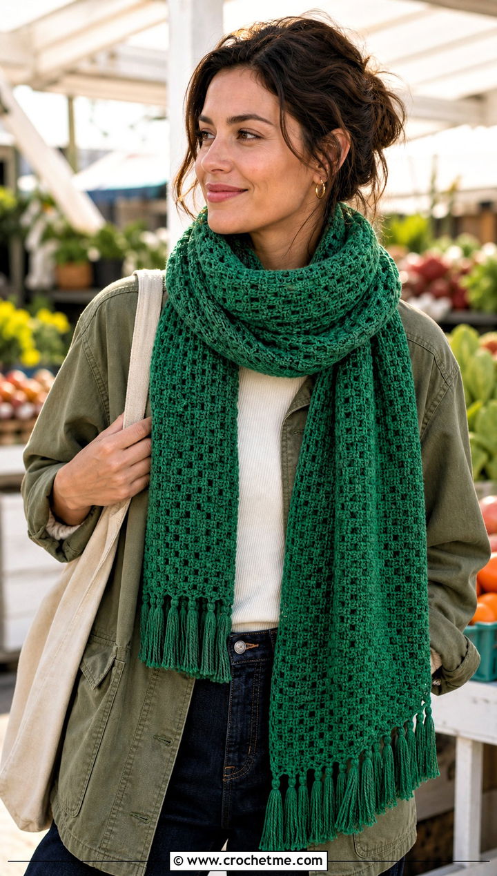 Tassel Trimmed Waffle Crochet Scarf With Utility Jacket - 25 Waffle Crochet Scarf outfit ideas