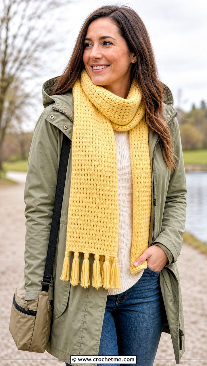 Tassel Tunisian Crochet Scarf With Parka and Straight Jeans - 20 Easy Tunisian Crochet Scarf outfit ideas