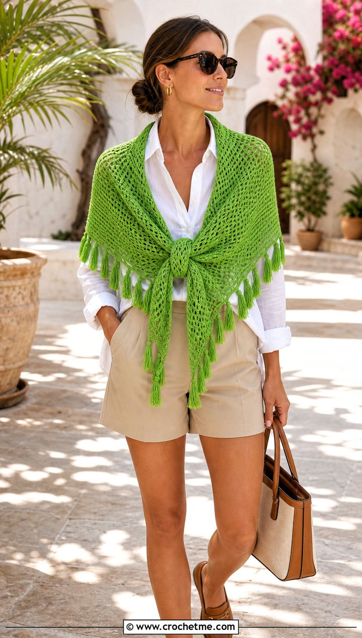 Tassel Tunisian Crochet Triangle Shawl With Tailored Shorts - 25 Tunisian Crochet Triangle Shawl outfit ideas